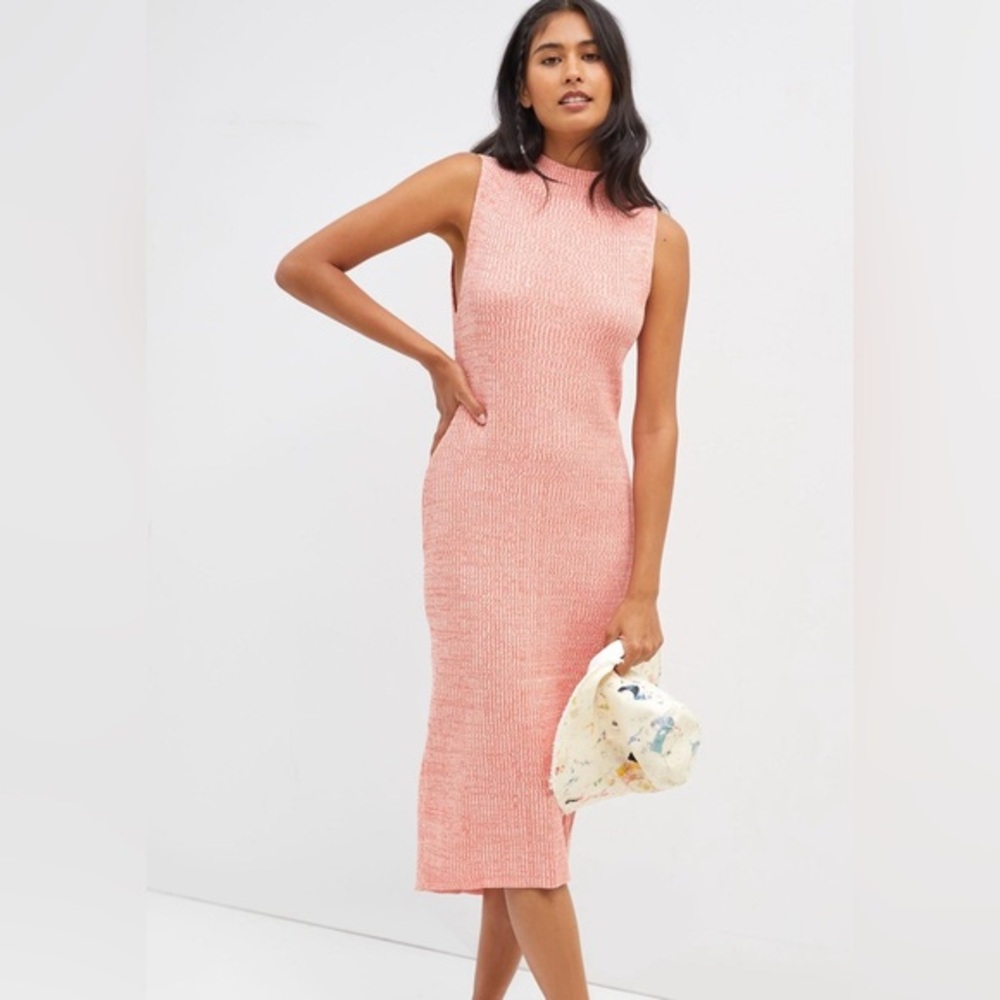 Daily Practice by Anthropologie Mock-Neck Ribbed Midi Dress in Coral - Picture 1 of 8